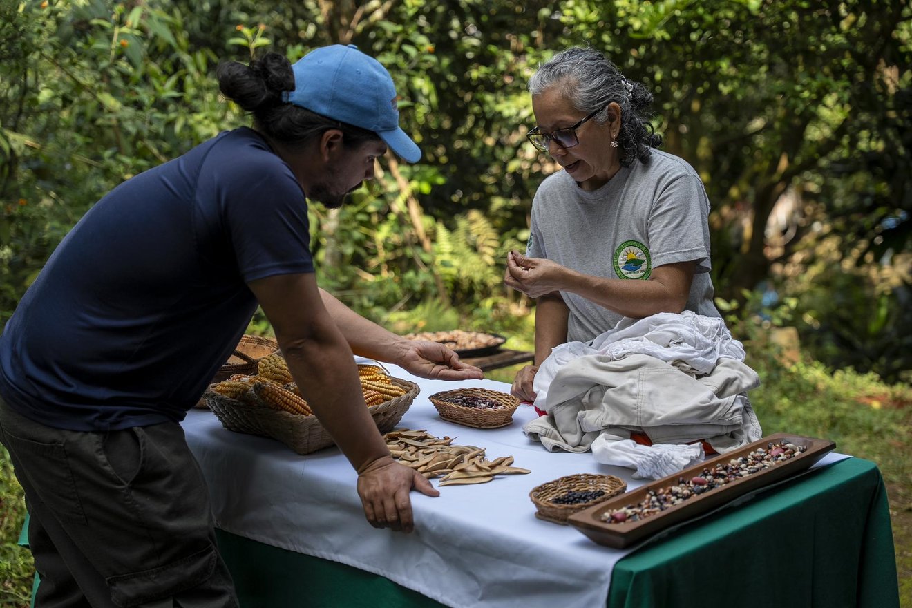 Francenith Agudelo, from the Network of Agroecological Markets from Valle, shows native beans to Manuel Alejandro Suárez, member of Network of Agroecological Farmers' Markets in Valle del Cauca, in Cali, Valle del Cauca department, Colombia, on May 13, 2025.